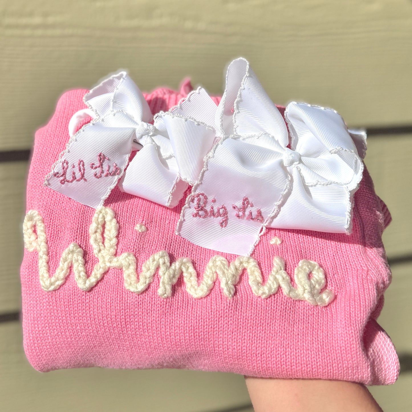 4 Inch White Big Sis - Pink Stitching