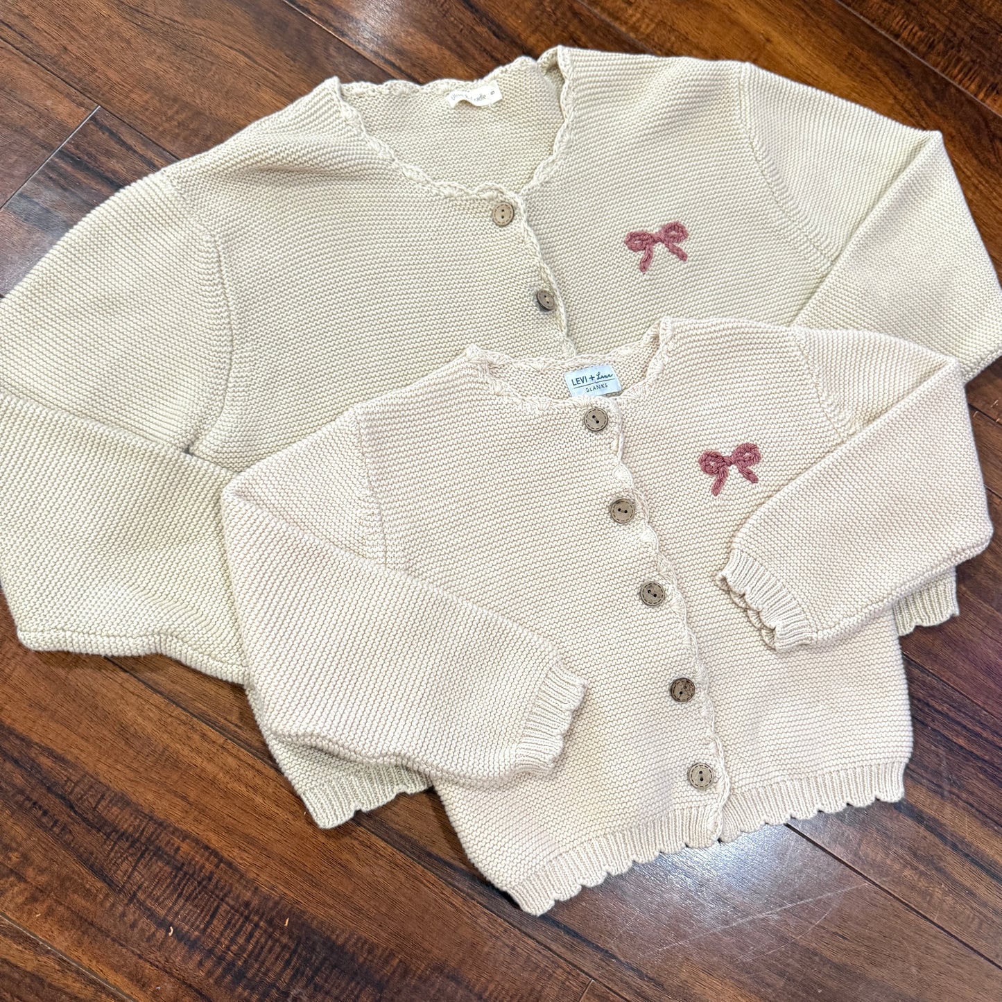 Women's Tan Scalloped Knit Cardigan with Mauve Bow