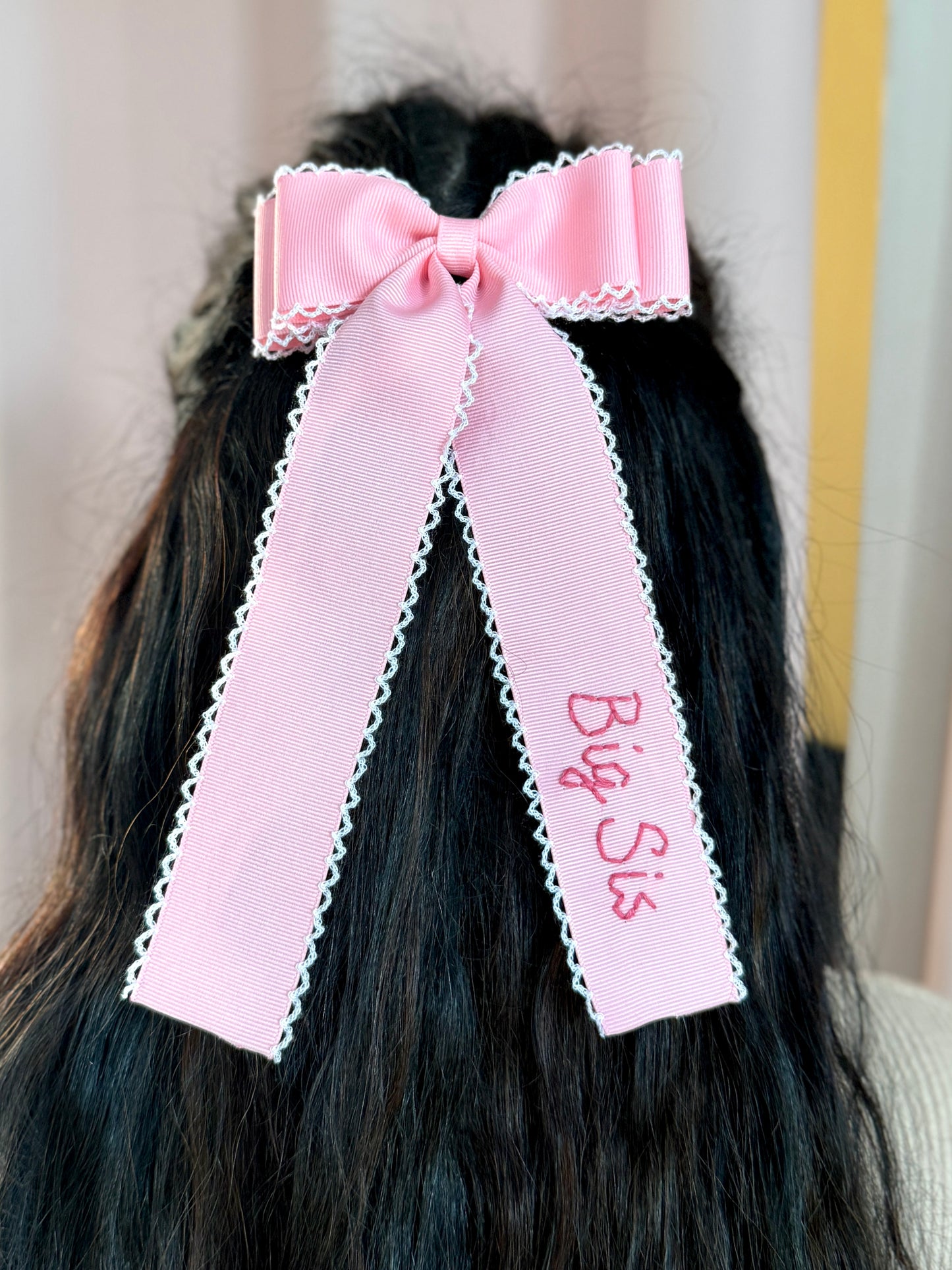 Big Sis Double Ribbon Moonstitch Longtail Bow - Pink with Dark Pink Stitching