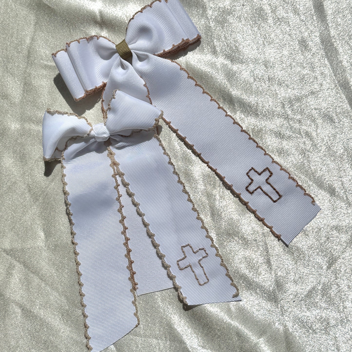 Cross Double Ribbon Moonstitch Longtail Bow - Brown and Tan Stitching