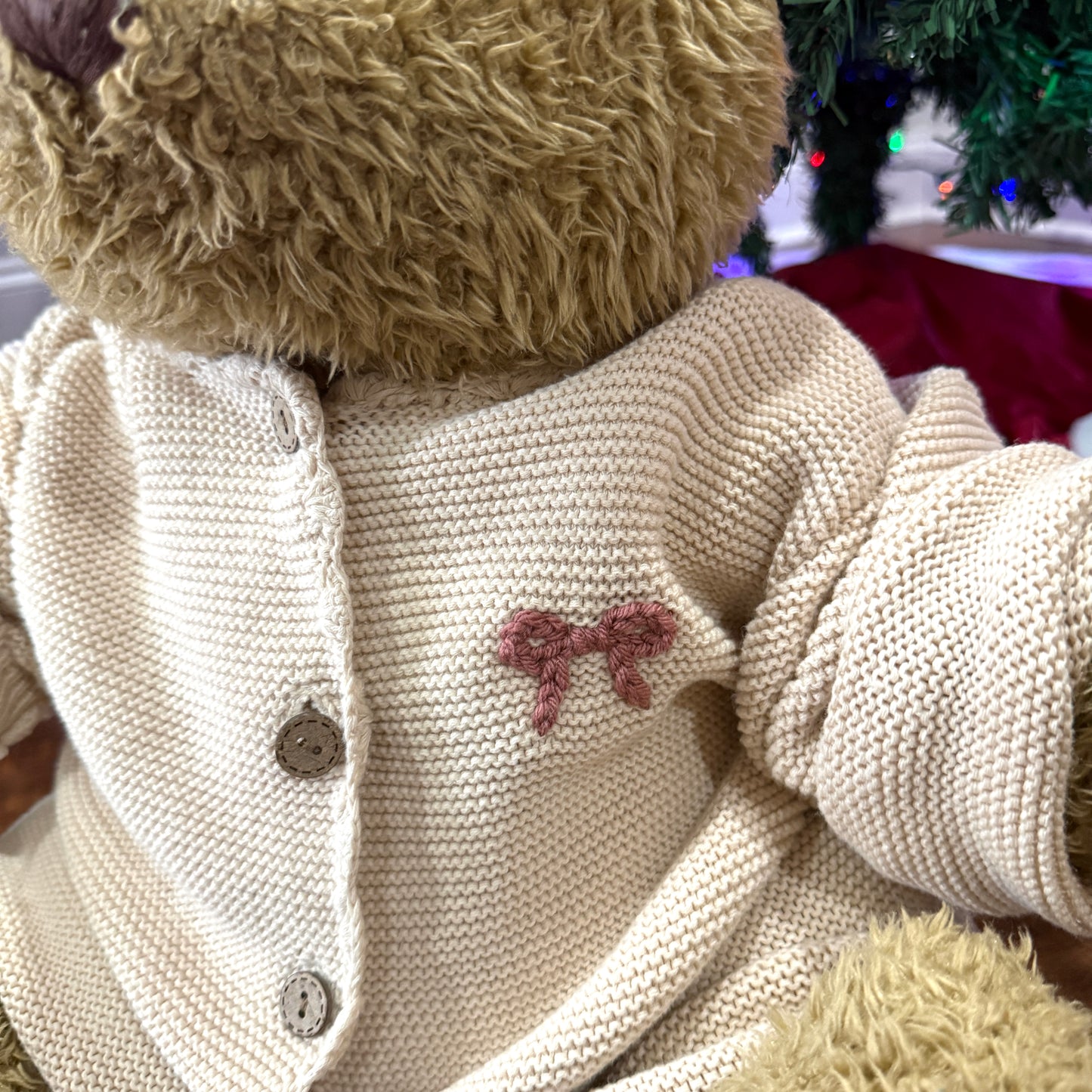 Tan Scalloped Knit Cardigan with Mauve Bow