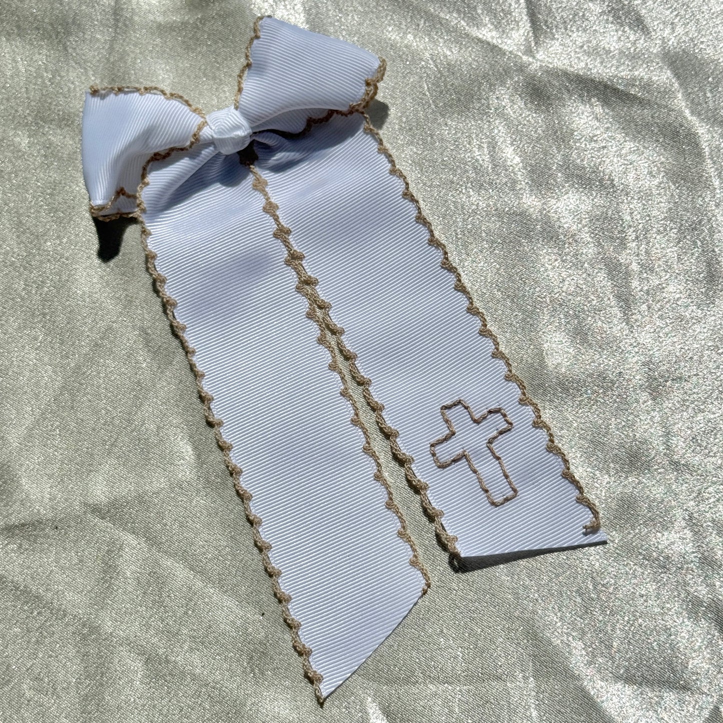 Cross Ribbon Moonstitch Longtail Bow - Brown and Tan Stitching