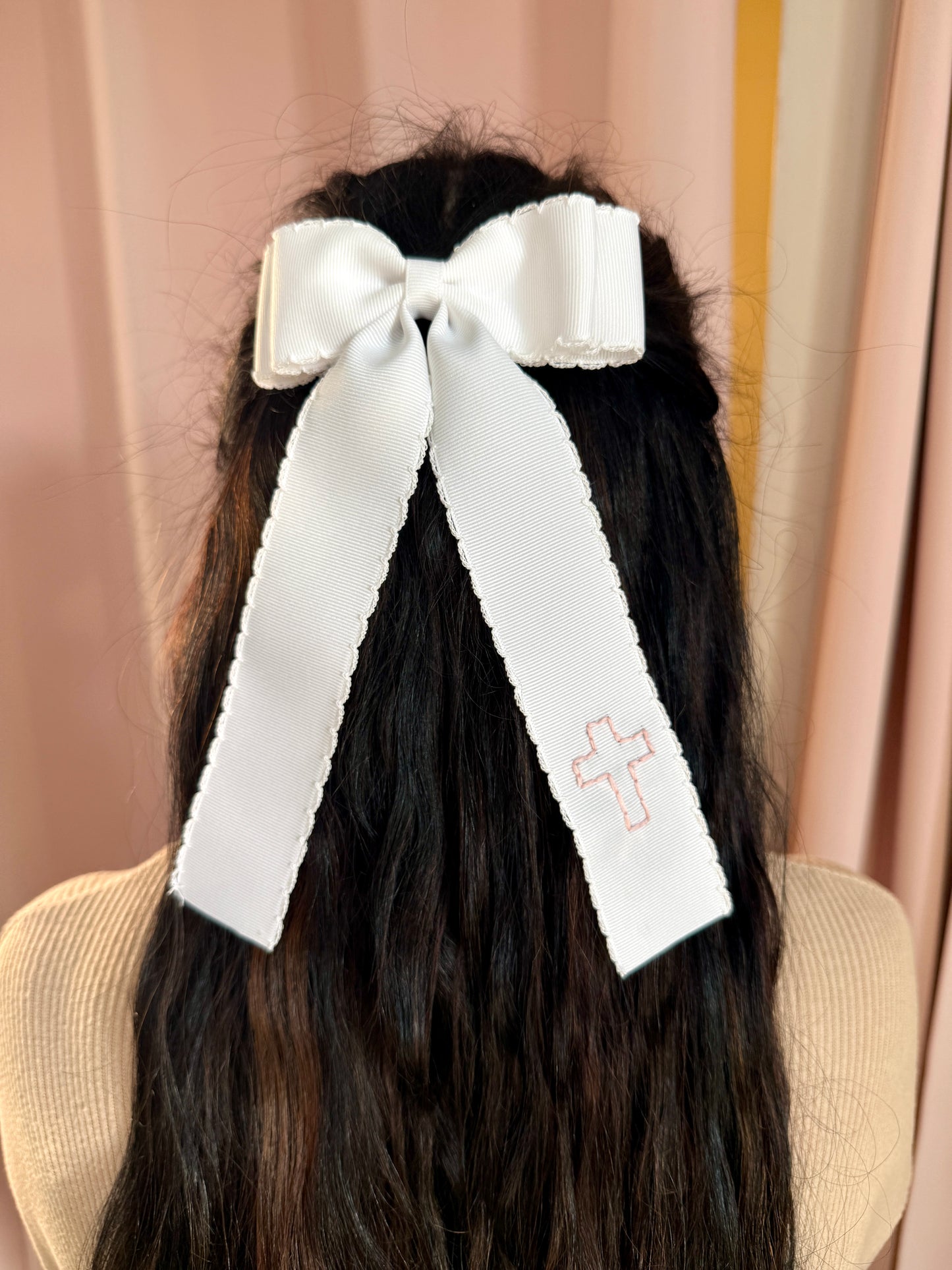Cross Double Ribbon Moonstitch Longtail Bow - White and Pink Stitching