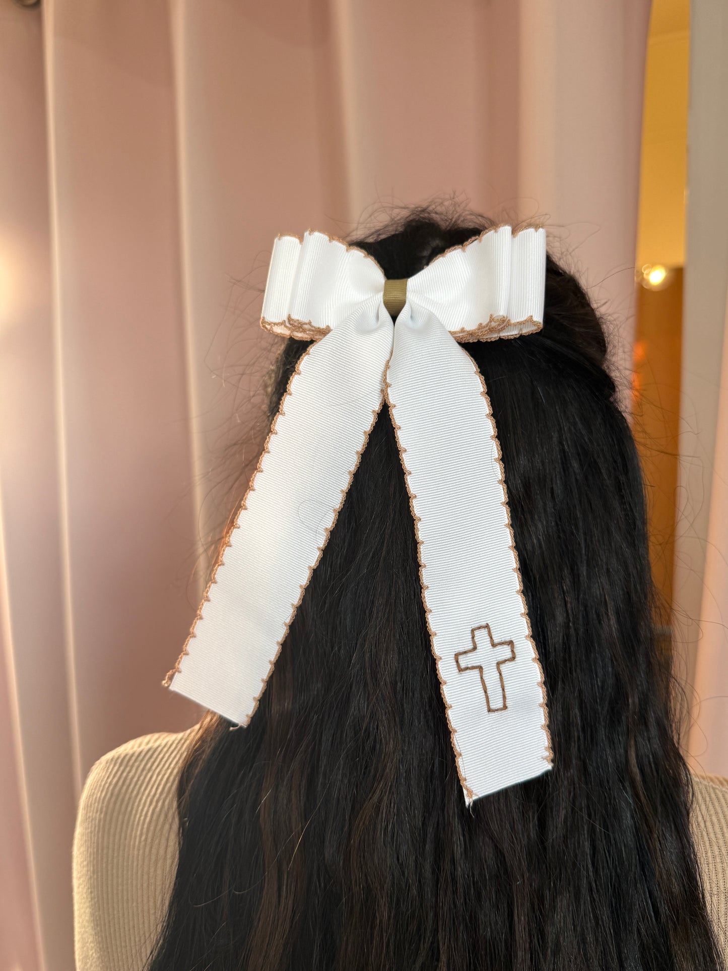 Cross Double Ribbon Moonstitch Longtail Bow - White and Brown Stitching