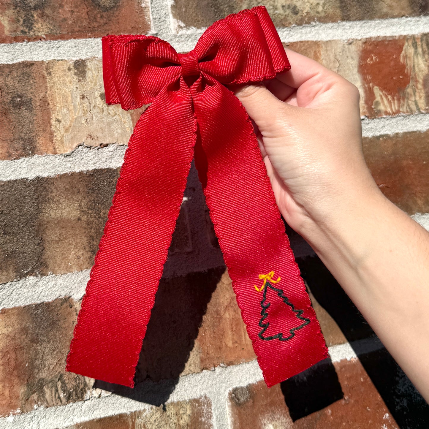 Christmas Tree Double Ribbon Moonstitch Longtail Bow - Red Bow with Red Stitching