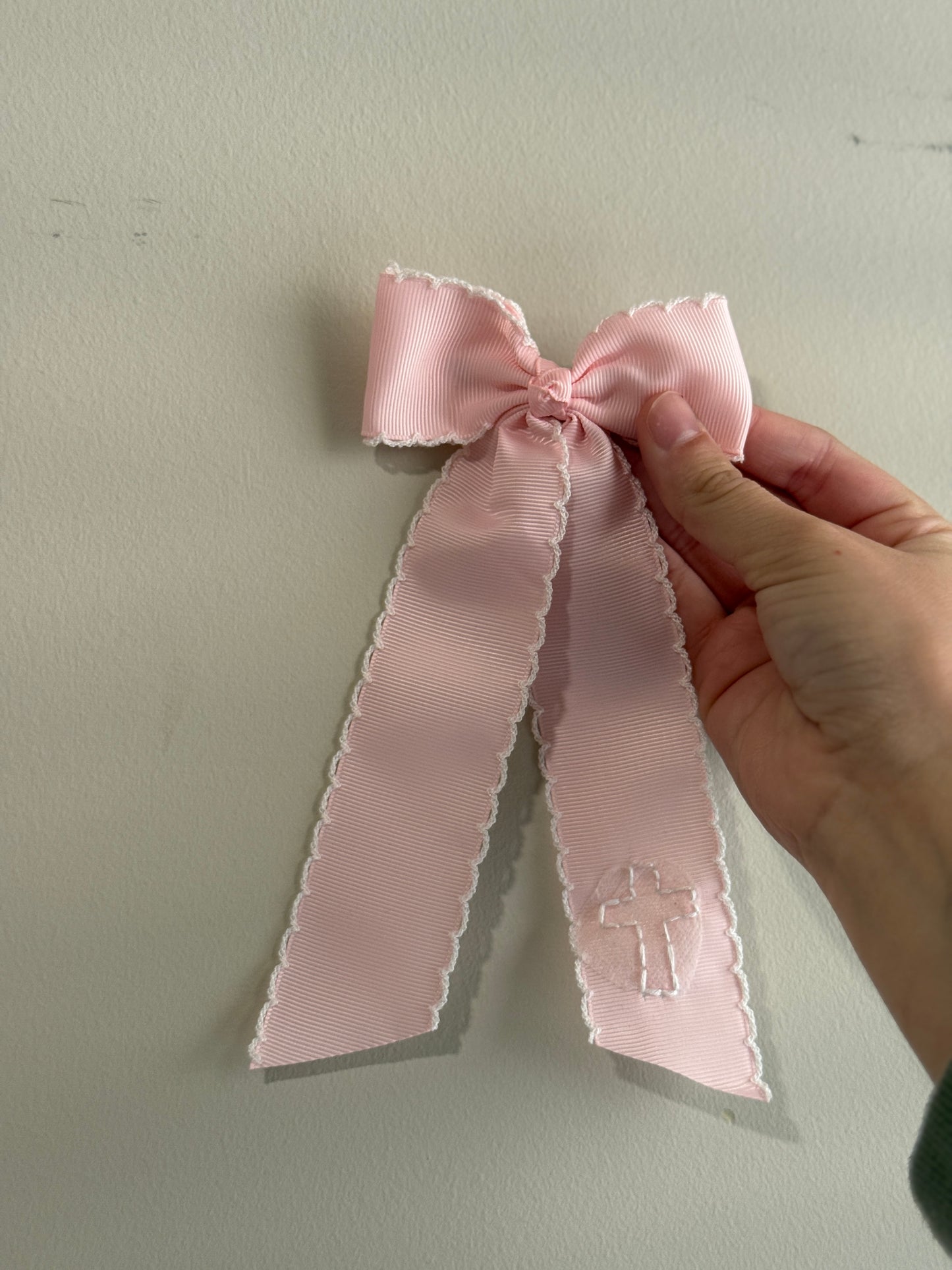 Cross Moonstitch Longtail Bow - Pink with White Stitching