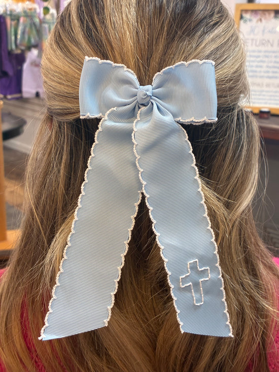 Cross Moonstitch Longtail Bow - Blue with White Stitching