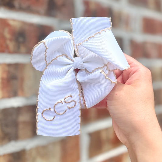 5 Inch - White with Tan Moonstitch Bow