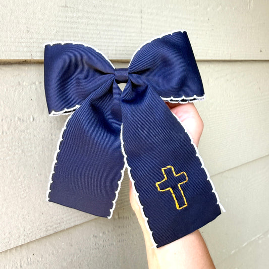 Navy and White Shortie Bow with Gold Cross