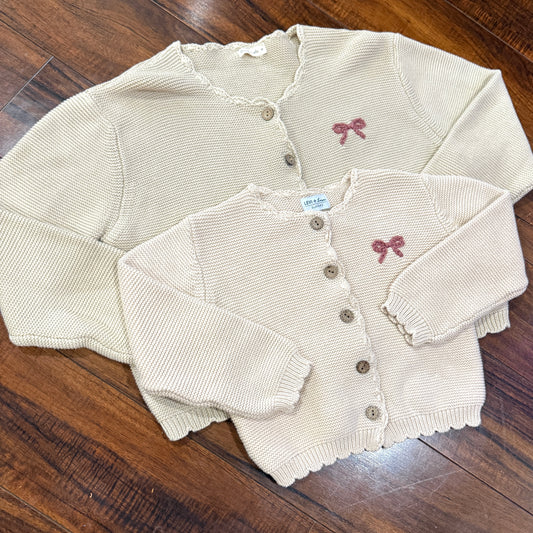 Women's Tan Scalloped Knit Cardigan with Mauve Bow