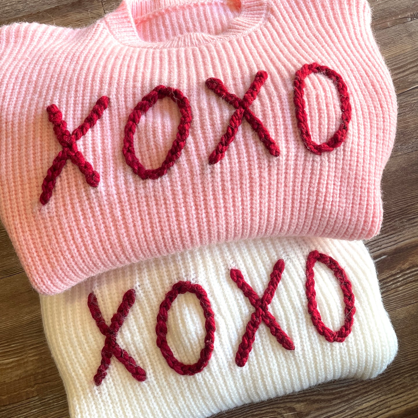 Women's Valentine's Day XOXO Crewneck Hand Embroidered Buttery Soft Longsleeve Sweater - White