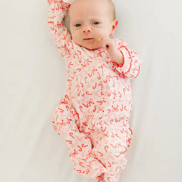 Candy Cane Lane Print Ruffle Zip Footie Pajama