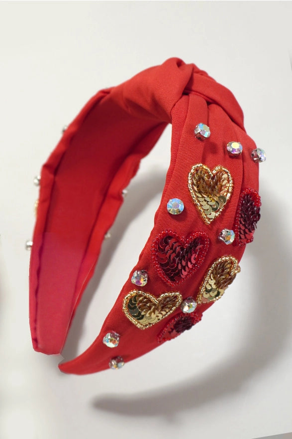 Valentine Sequin Heart Seed Bead Headband - Red