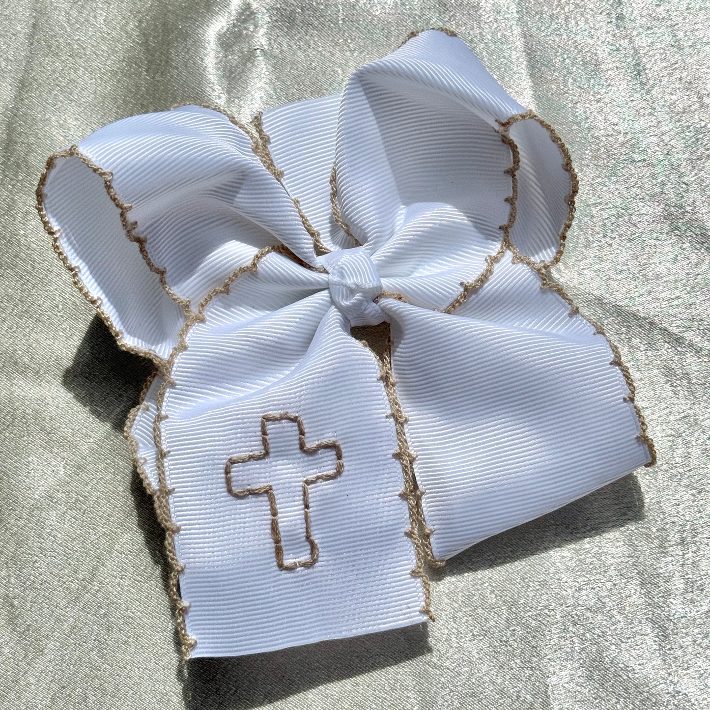 Cross Ribbon Moonstitch 5 Inch Bow - Brown and Tan Stitching