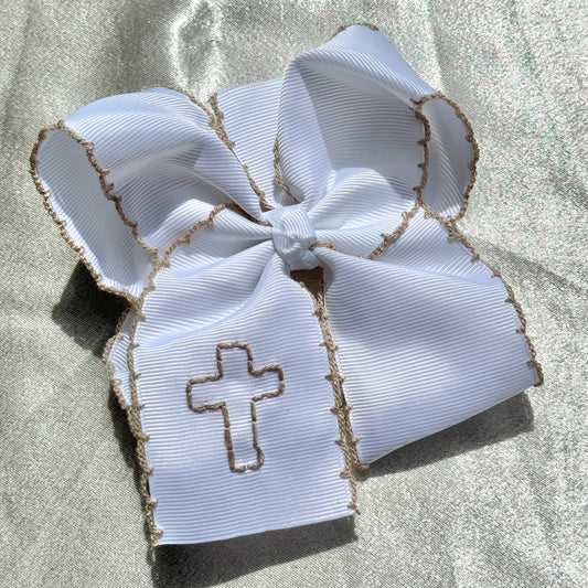 Cross Ribbon Moonstitch 5 Inch Bow - Brown and Tan Stitching