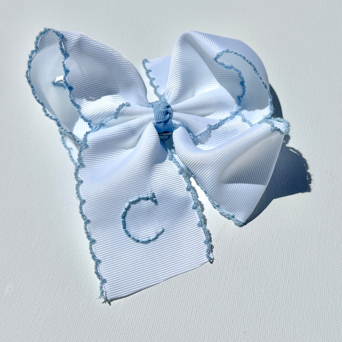 5 Inch - White with Light Blue Moonstitch Bow