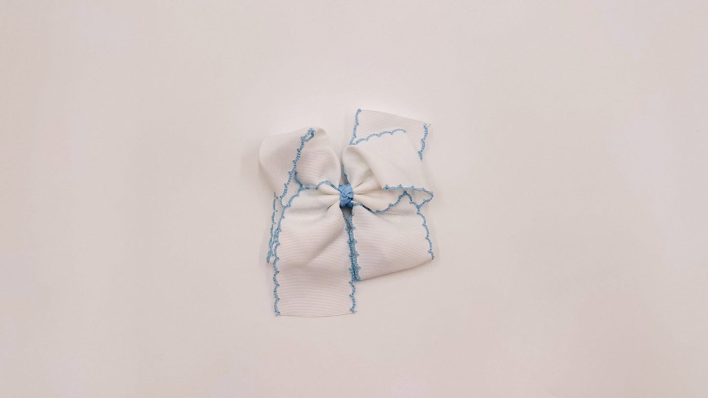 5 inch - White with Baby Blue Stitching - Custom Bow