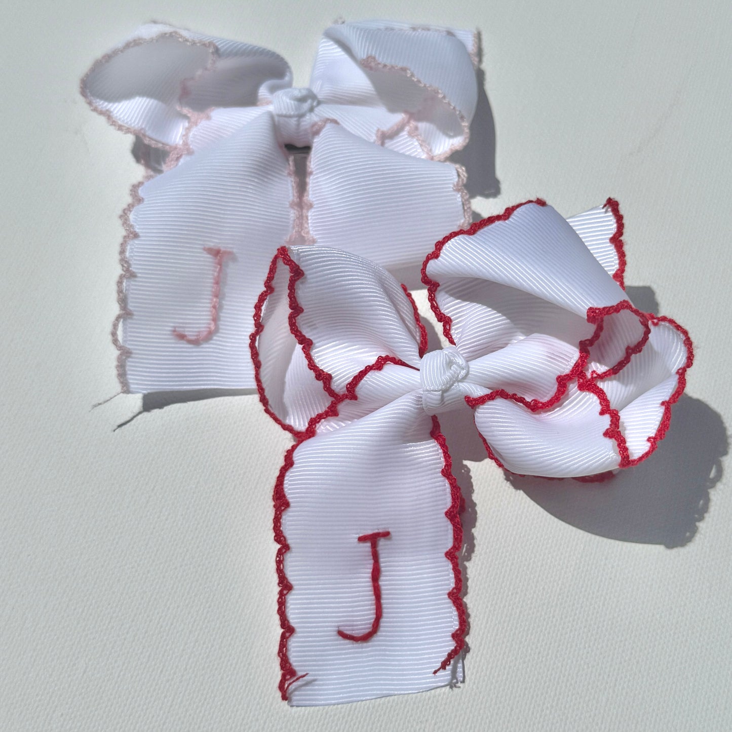 4 Inch -  White with Red Moonstitch Bow