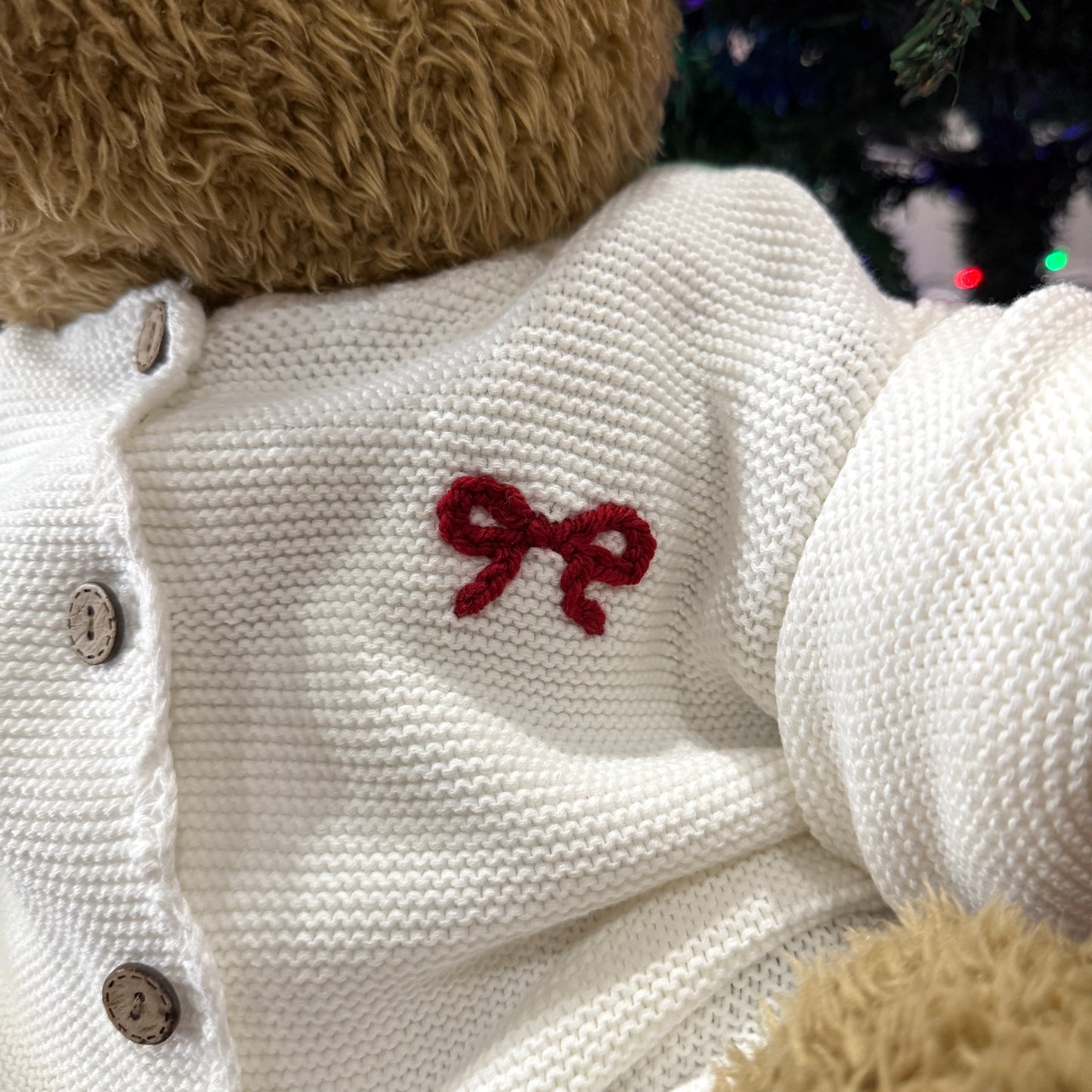 White Scalloped Knit Cardigan with Red Bow