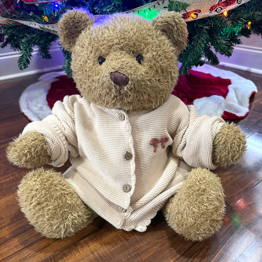 Tan Scalloped Knit Cardigan with Mauve Bow