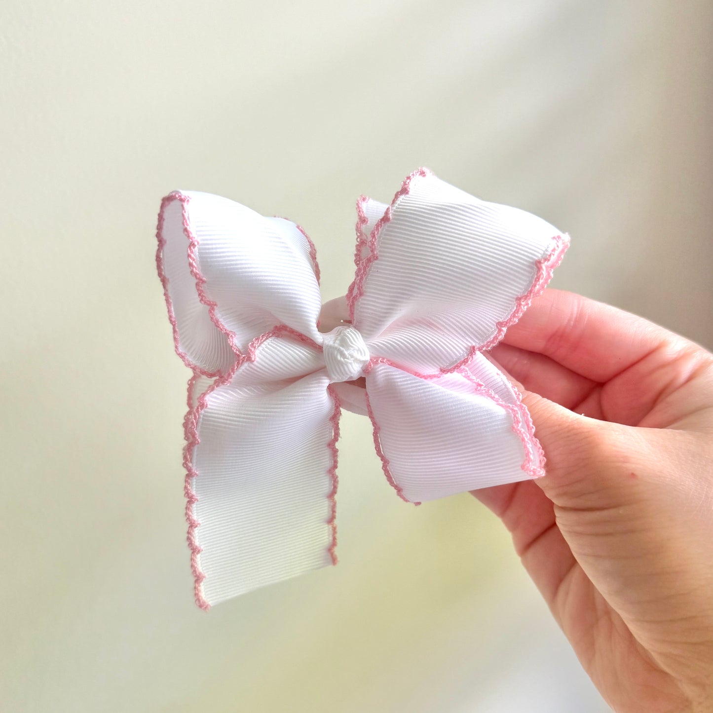 4 Inch - White with Dark Pink White Moonstitch Bow