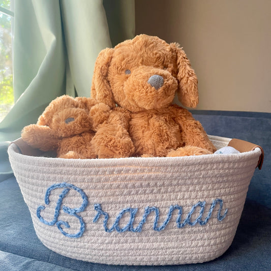 Hand Embroidered Custom Name Monogram Basket - Two Sizes