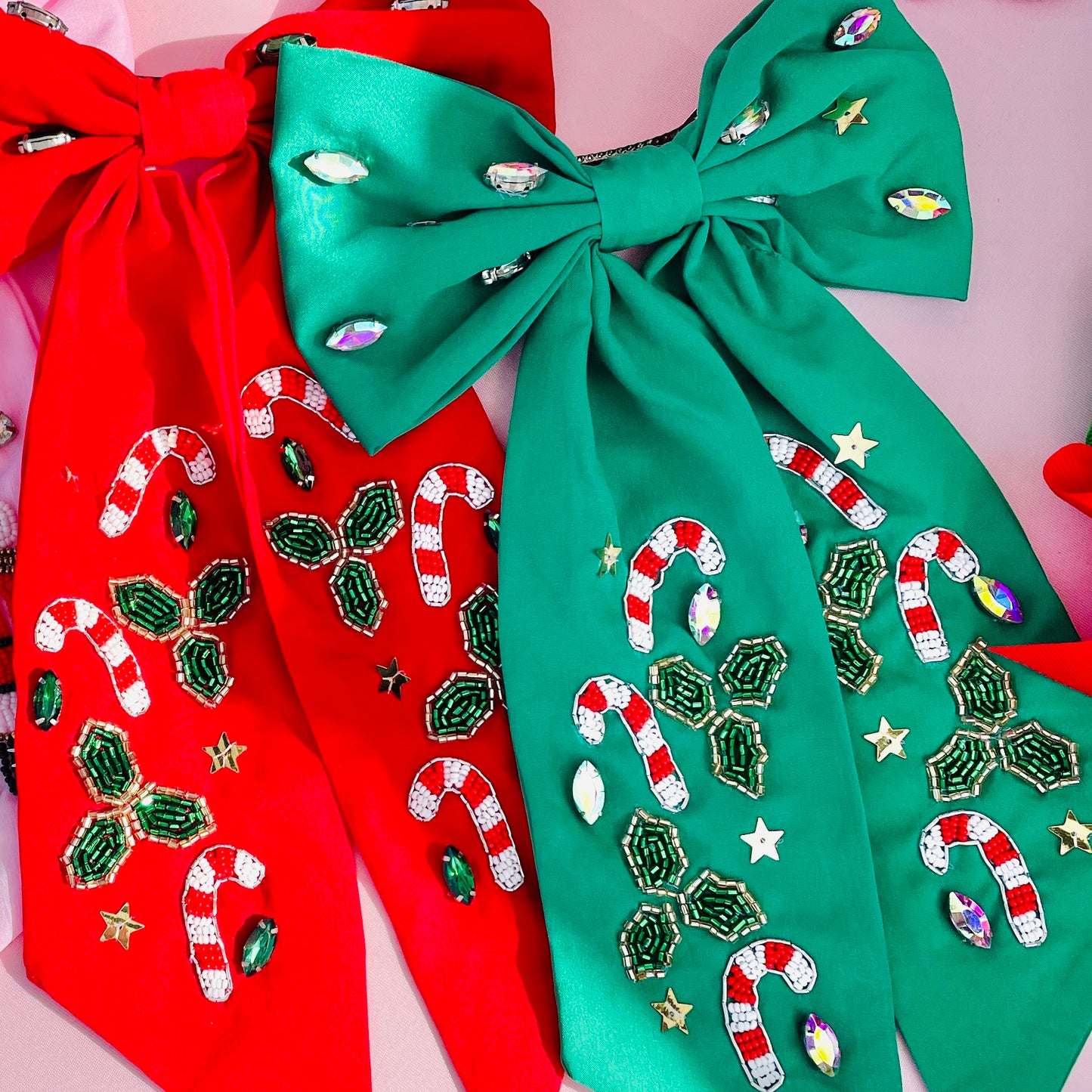 Christmas Beaded Candy Cane Hair Bow (Two Colors)