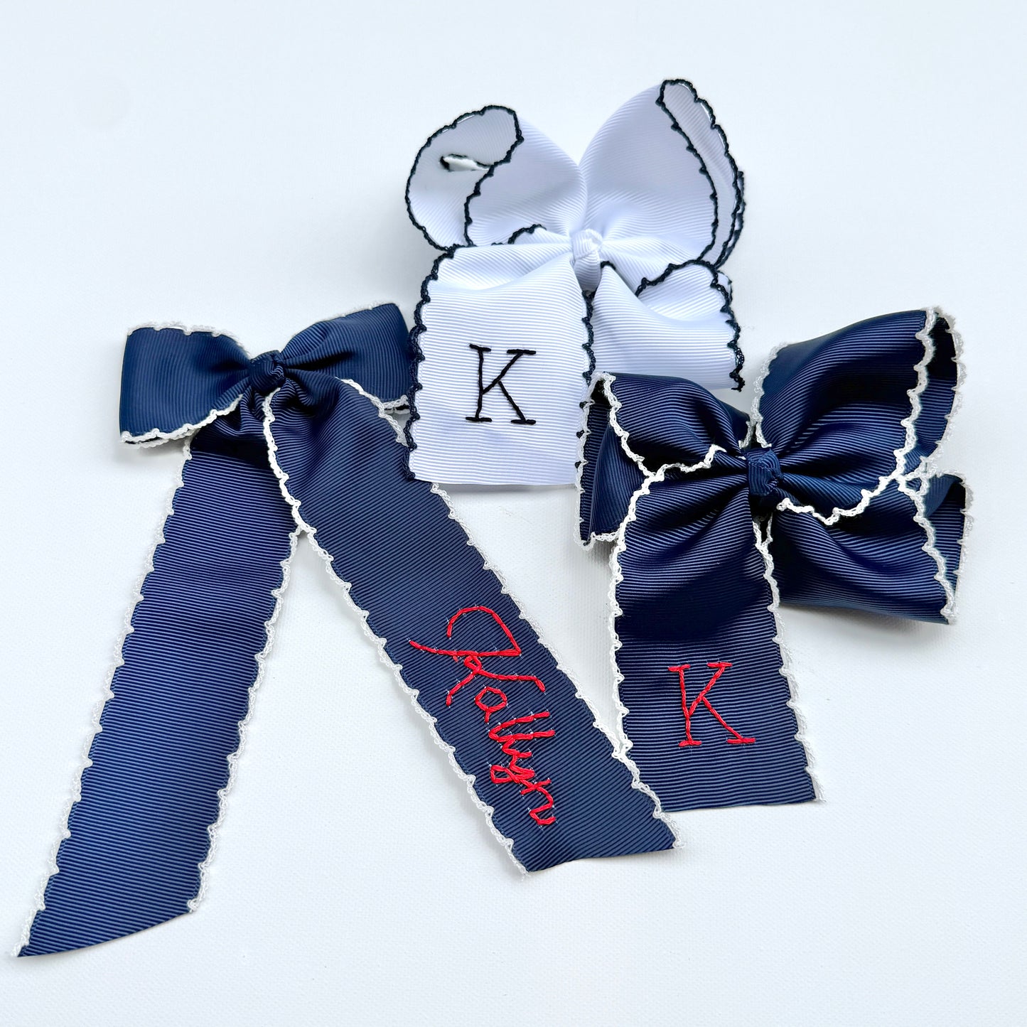 5 Inch - White with Navy Moonstitch Bow