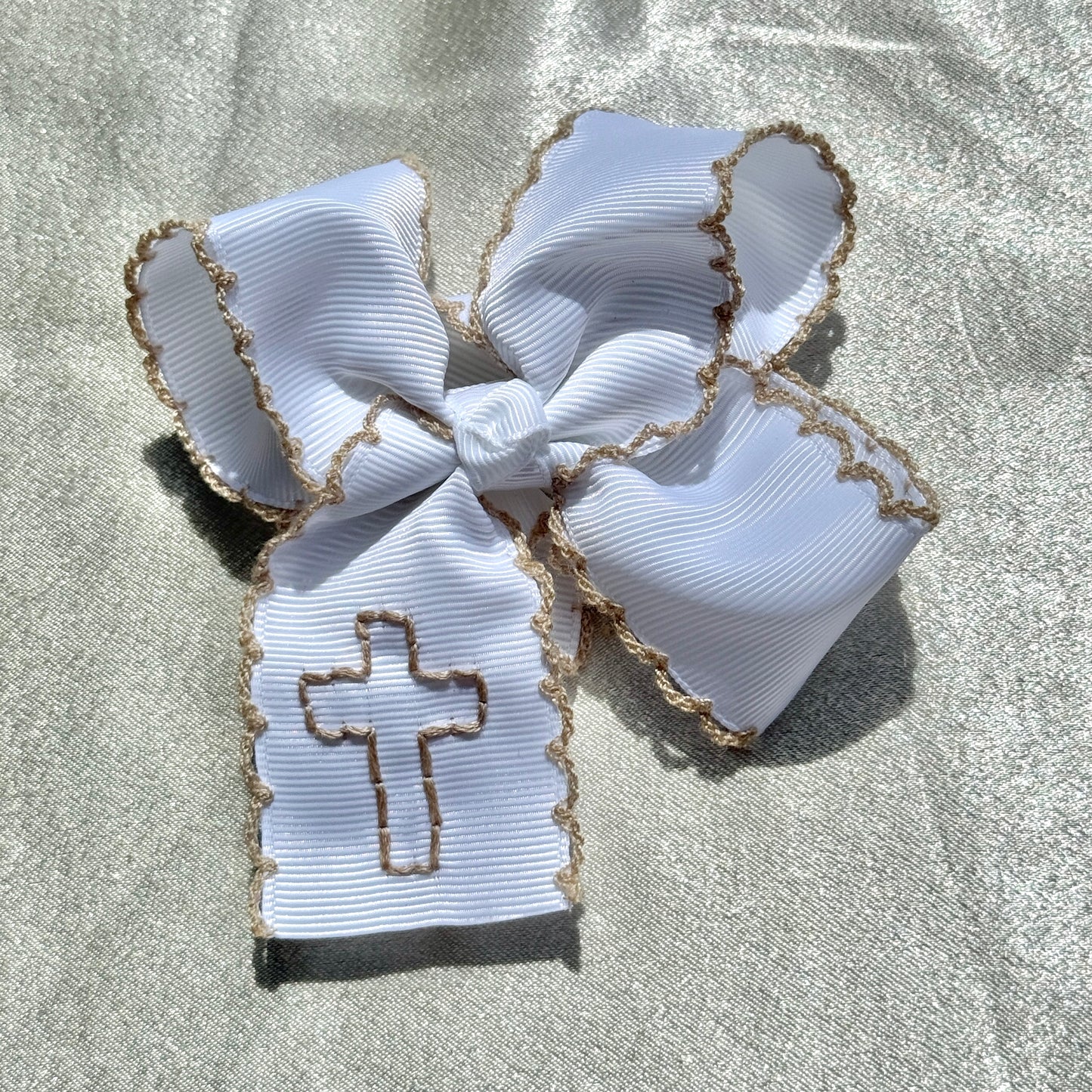 Cross Ribbon Moonstitch 4 Inch Bow - Brown and Tan Stitching
