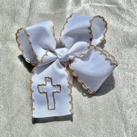 Cross Ribbon Moonstitch 4 Inch Bow - Brown and Tan Stitching