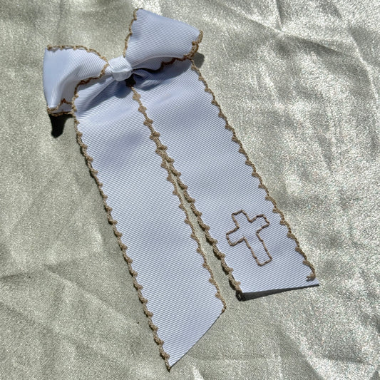 Cross Ribbon Moonstitch Longtail Bow - Brown and Tan Stitching