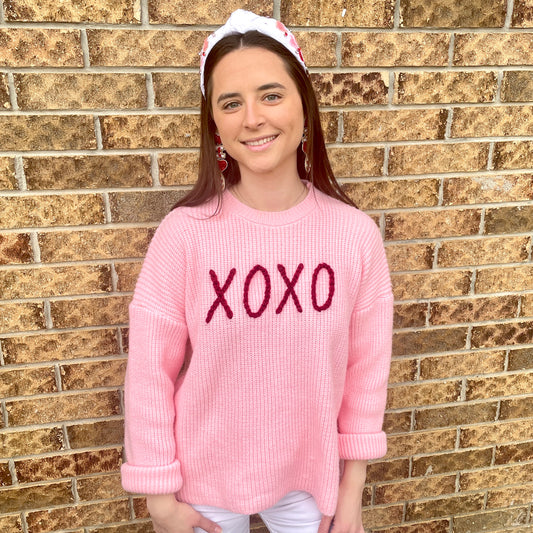 Women's Valentine's Day XOXO Crewneck Hand Embroidered Buttery Soft Longsleeve Sweater - Pink