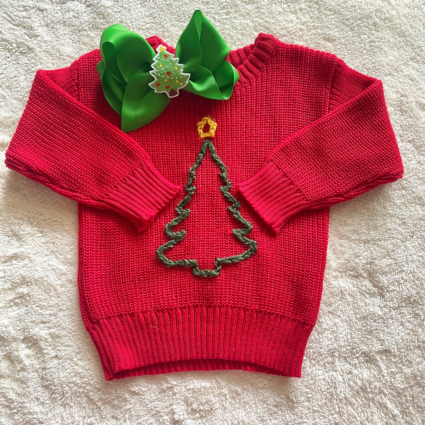 Hand-stitched Embroidered Red Knit Ribbed Christmas Tree