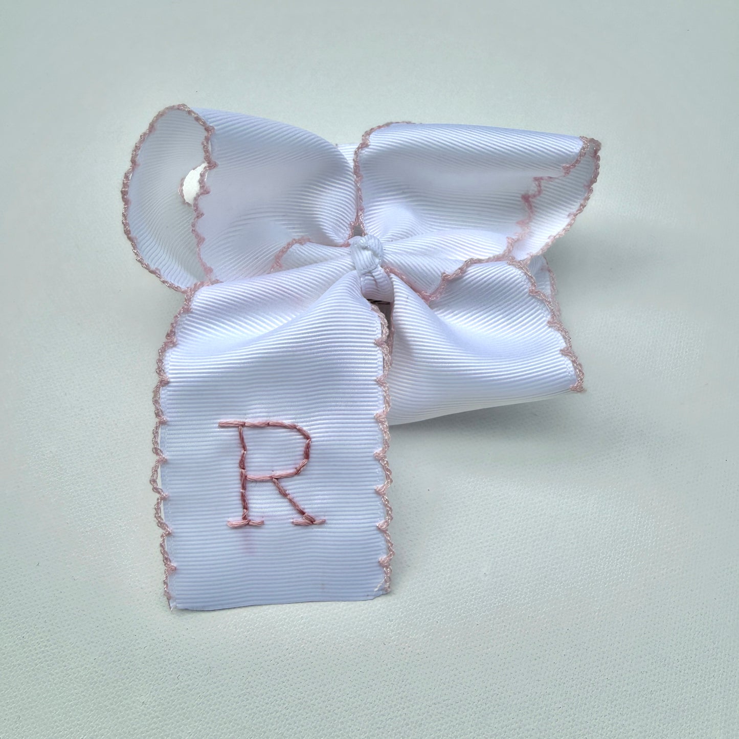 5 Inch - White with Light Pink Moonstitch Bow