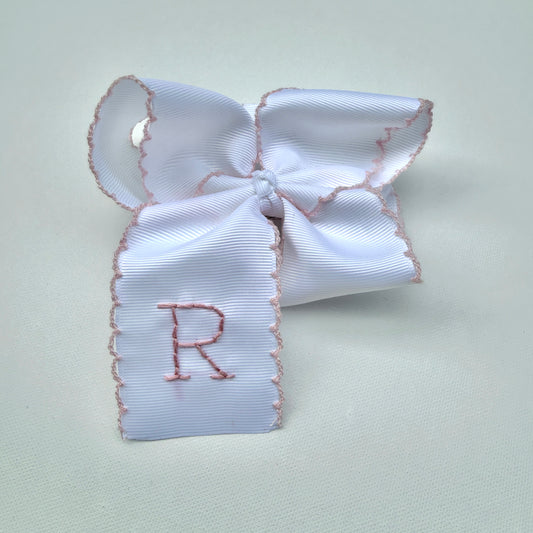 5 Inch - White with Light Pink Moonstitch Bow