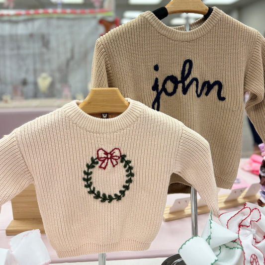 Initial Wreath Bow Girls Sweater - Custom