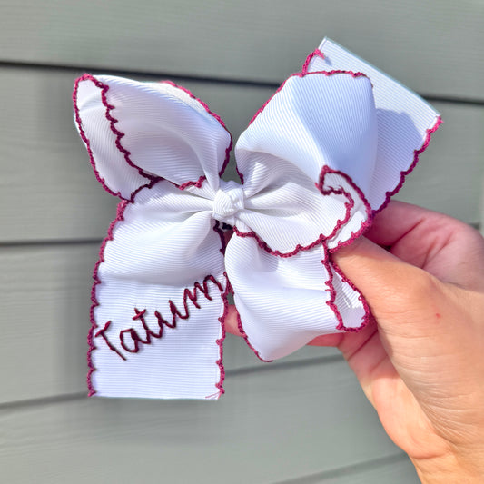 5 Inch - White with Maroon Moonstitch Bow