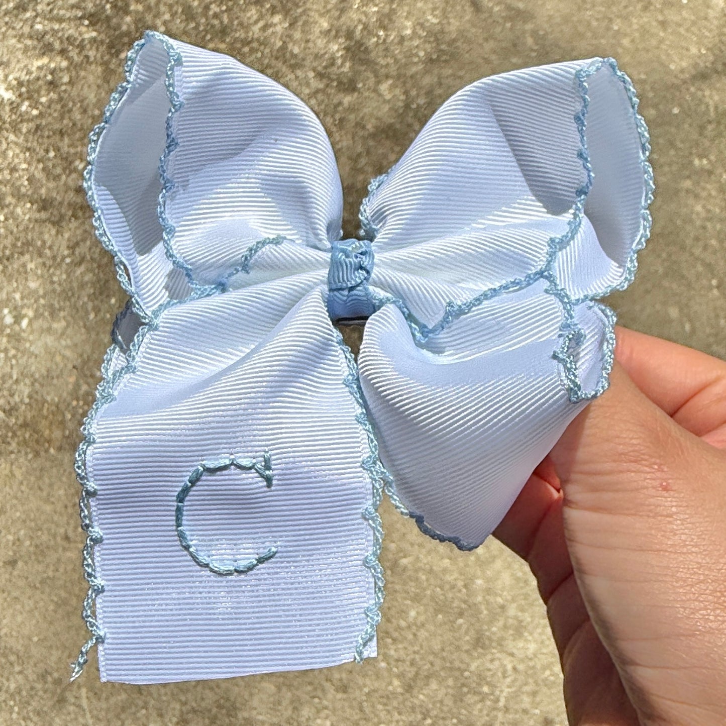 5 Inch - White with Light Blue Moonstitch Bow