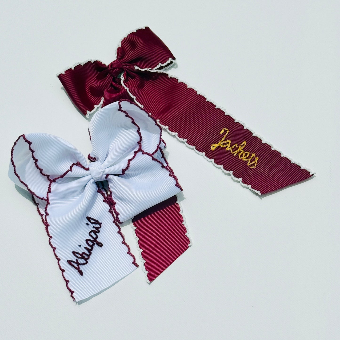 5 Inch - White with Maroon Moonstitch Bow