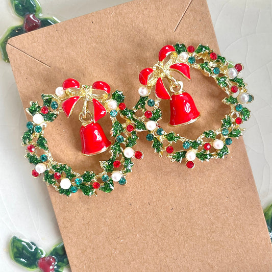 Christmas Wreath Rhinestone Red Bell Bow Earrings