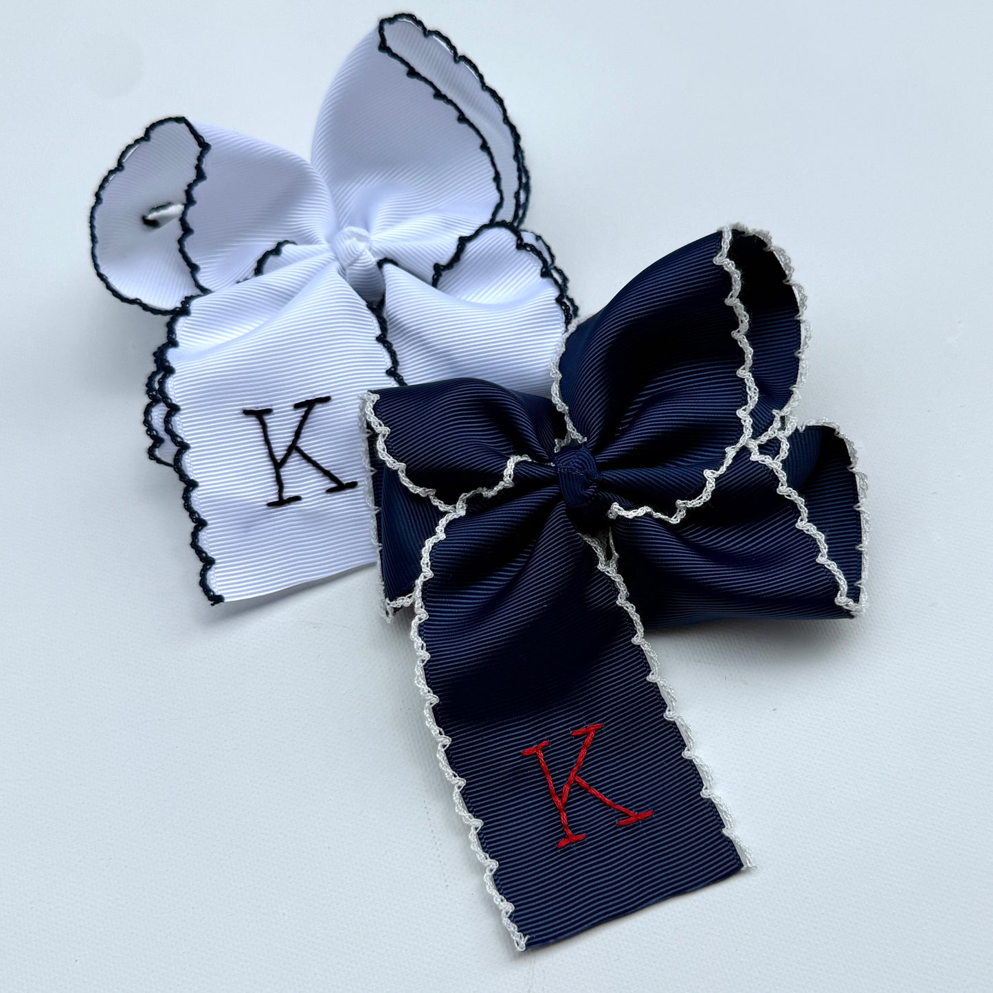 5 Inch - White with Navy Moonstitch Bow