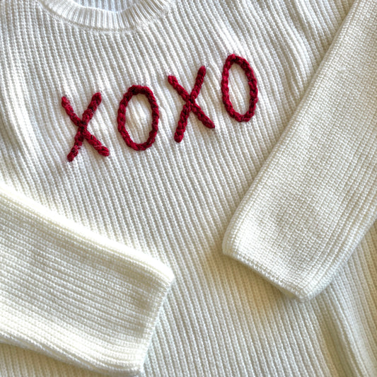 Women's Valentine's Day XOXO Crewneck Hand Embroidered Buttery Soft Longsleeve Sweater - White