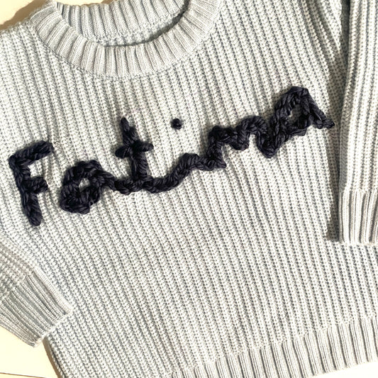 Knit Sweaters with Custom Handstitched Name (Baby Blue)