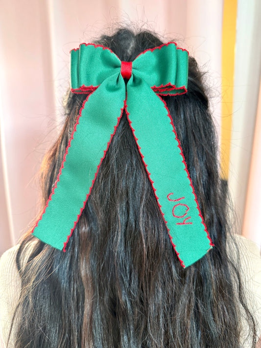 Joy Christmas Double Ribbon Moonstitch Longtail Bow - Green Bow with Red Stitching