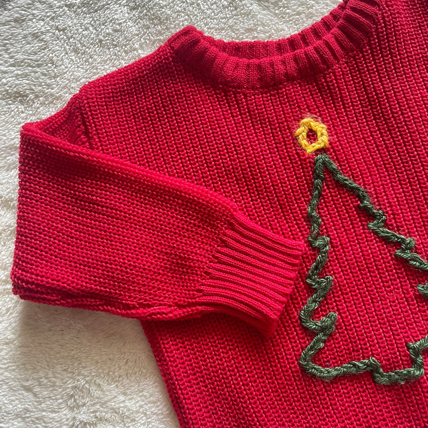 Hand-stitched Embroidered Red Knit Ribbed Christmas Tree