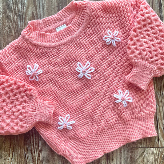 Pretty Pink Daisy Ruffled Sleeve Sweater