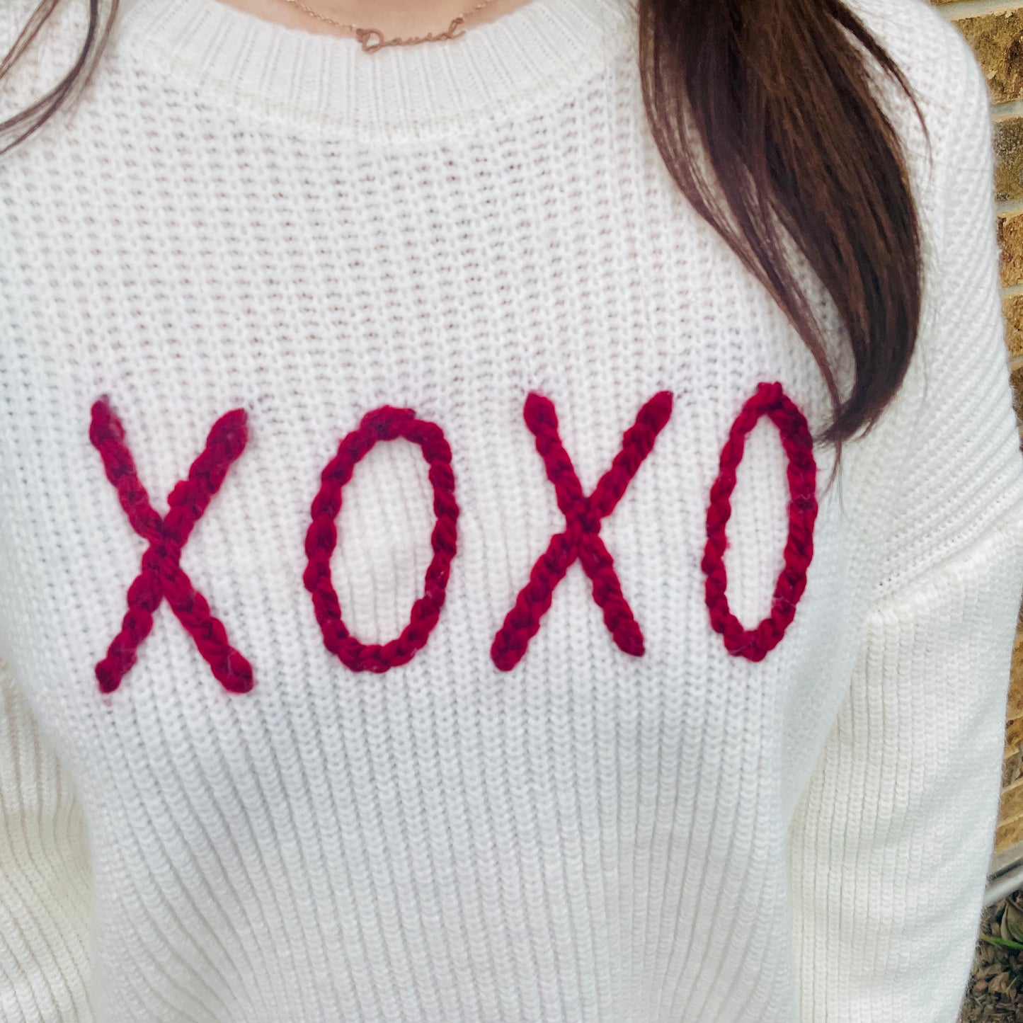 Women's Valentine's Day XOXO Crewneck Hand Embroidered Buttery Soft Longsleeve Sweater - White