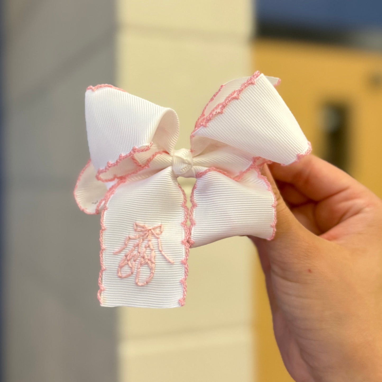 White and Pink Ballerina Slippers Dance Bow - 4 inch