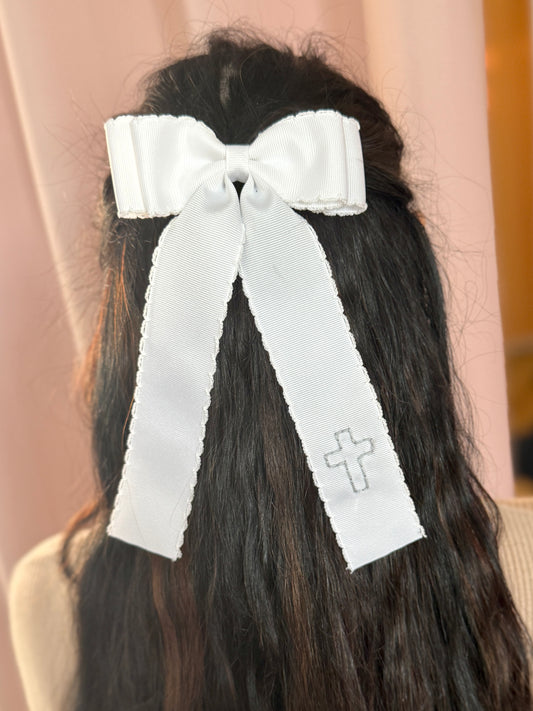 Cross Double Ribbon Moonstitch Longtail Bow - White and Blue Stitching