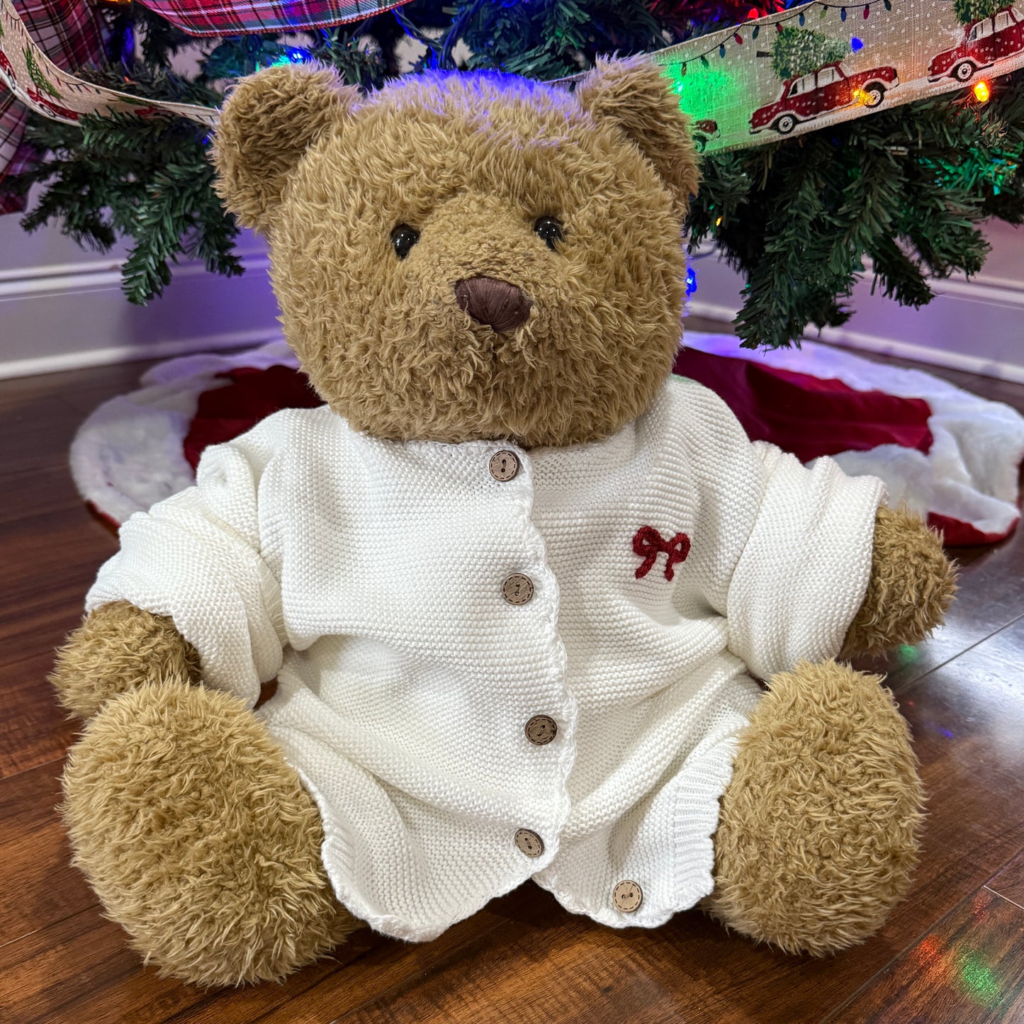 White Scalloped Knit Cardigan with Red Bow